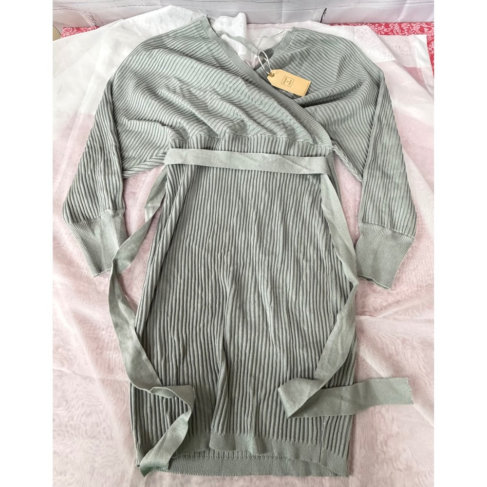 Love Tree Sage Green Ribbed Knit Wrap Sweater Dress Plus Size 2X NWT